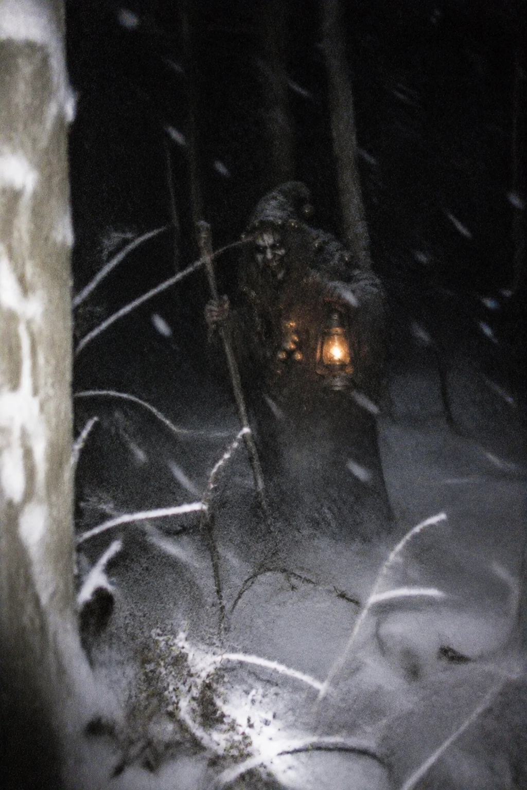 Illustration of a hooded figure holding a lantern in a snowy forest at night