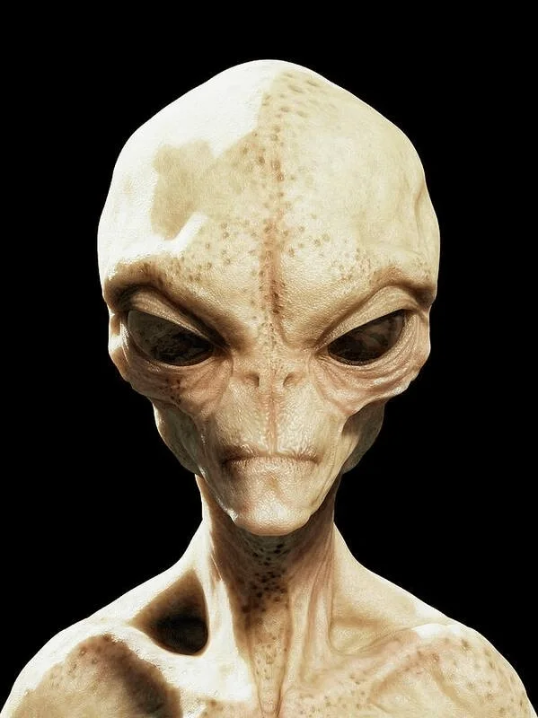 Depiction of a pale alien with a large head and dark eyes