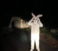 Figure in a white bunny costume at the Bunny Man Bridge tunnel