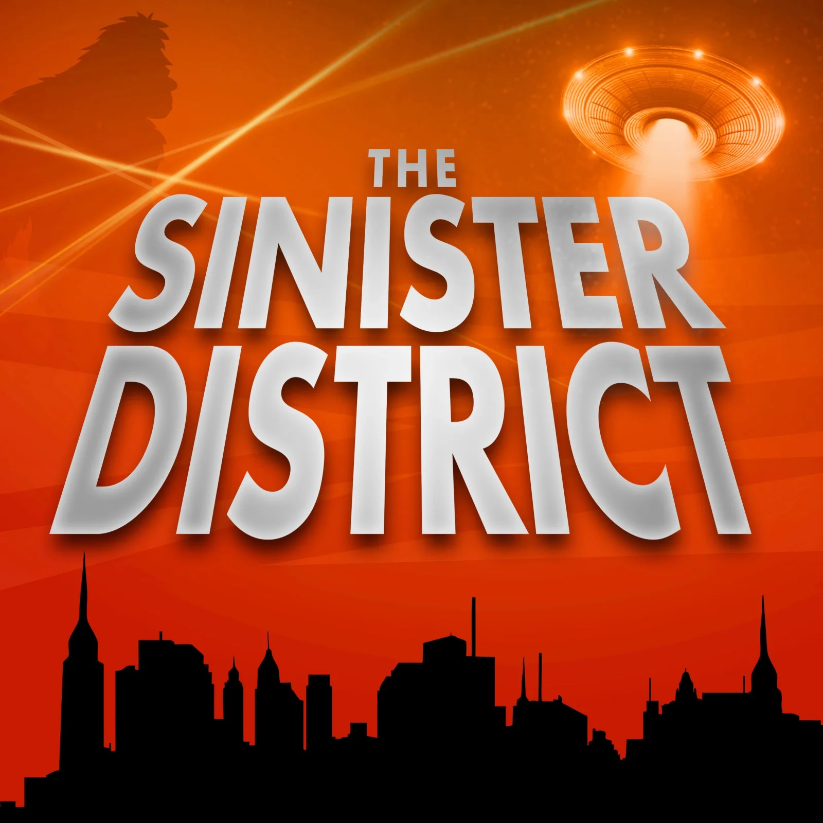 Current Sinister District logo with metallic title text, a city skyline, a UFO and a Bigfoot silhouette